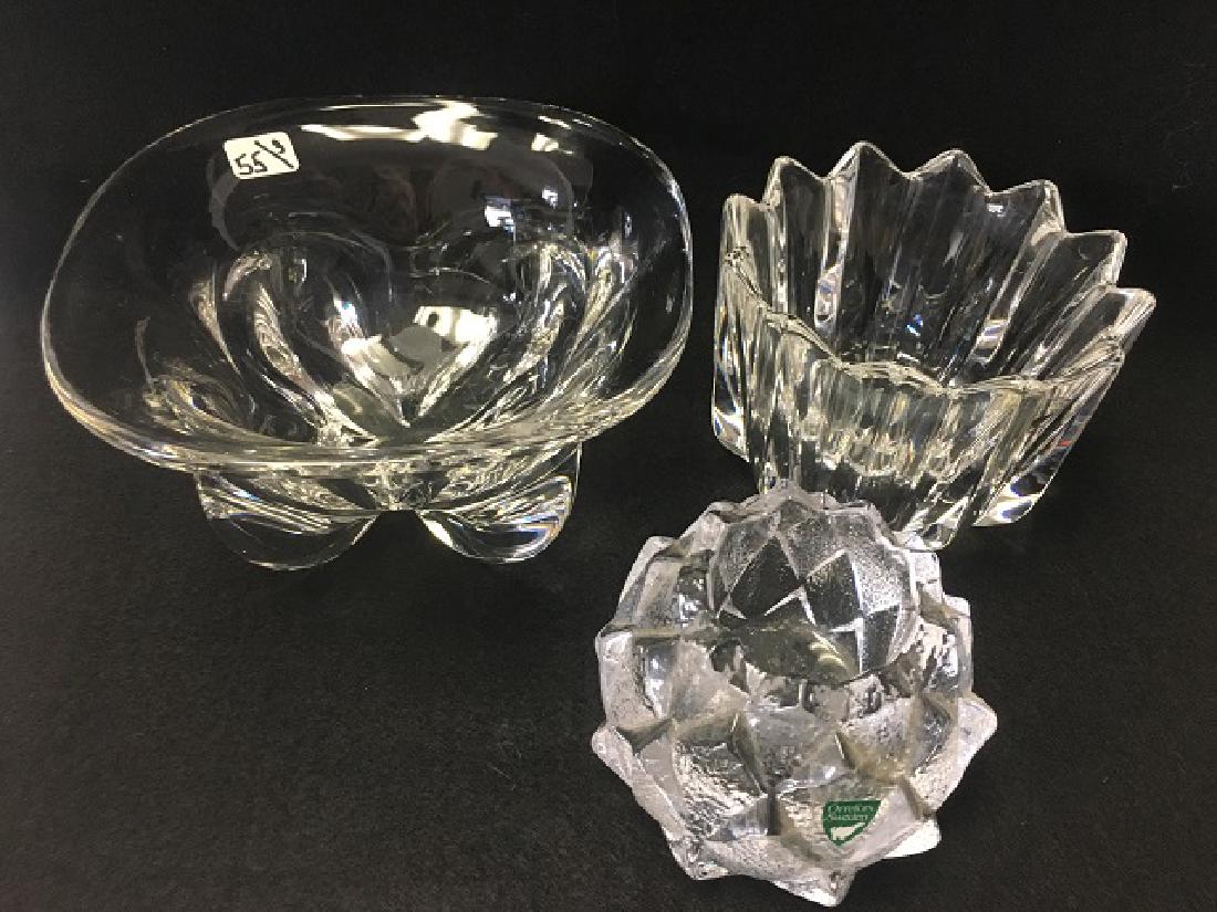 Lot of 3 Orrefors Bowls: Two with labels. All signed Orrefors. 3-1/4" high; 4" high; 3" high