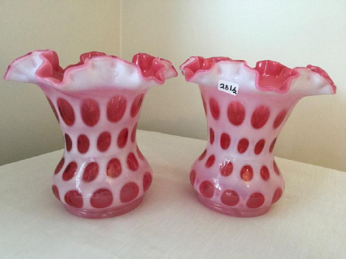 Pair Fenton Opalescent Cranberry Ruffled Glass Shades (1 of 3)