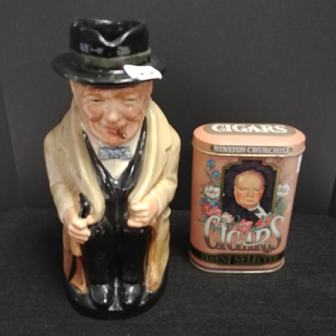 Royal Doulton Toby Mug - Winston Churchill: Including cigar tin with photograph of Winston Churchill. 0988. 8 1/2"