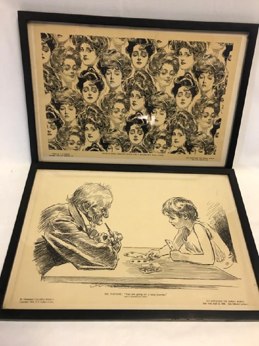 Two Charles Dana Gibson Framed Prints 1906: His Fortune: "You are going on a long journey." By Permission Collier's Weekly. Art Supplement The Sunday World. New York, April 22, 1906; and Charles Dana Gibson's Design for a Bachelor's Wall Paper.
