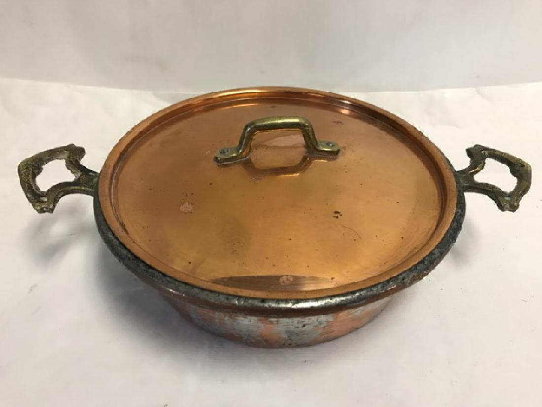 Small Two Handled Copper Pot: Mismatched copper lid.