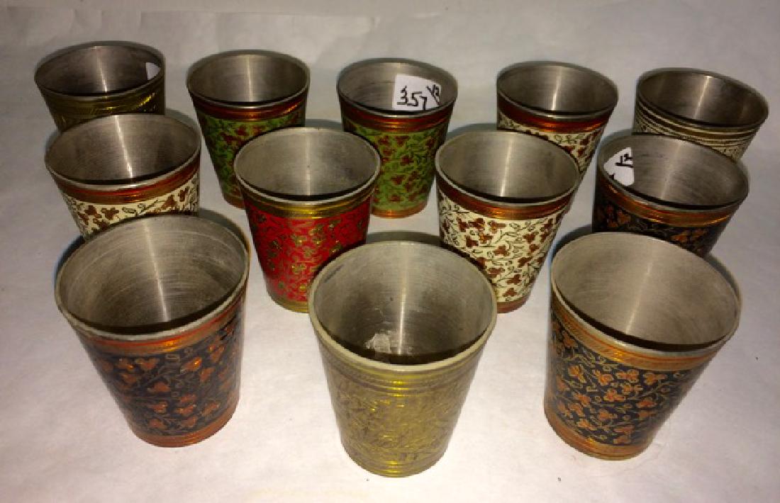 Lot of 12 Embossed Brass Shot Glasses: Marked India. 2" high