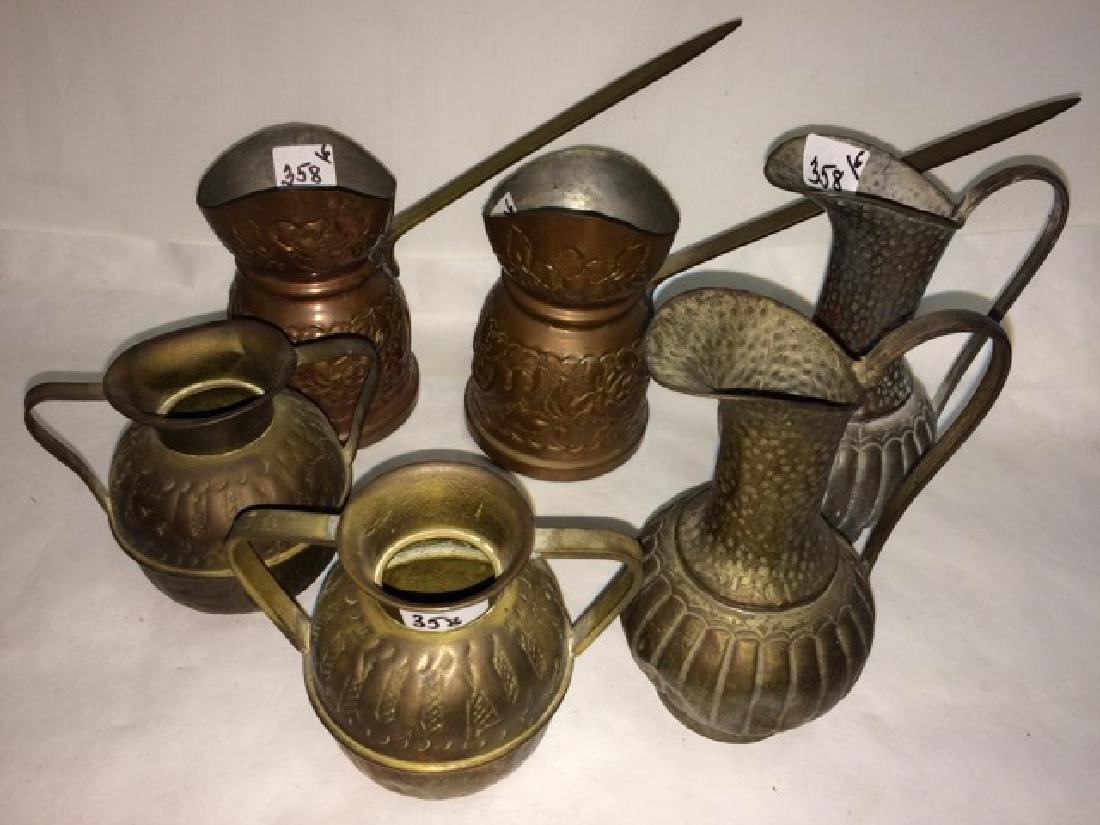 Lot of 6 Hammered and Embossed Copper and Brass Vessels: From 3 1/2" - 4 3/4" - 6"