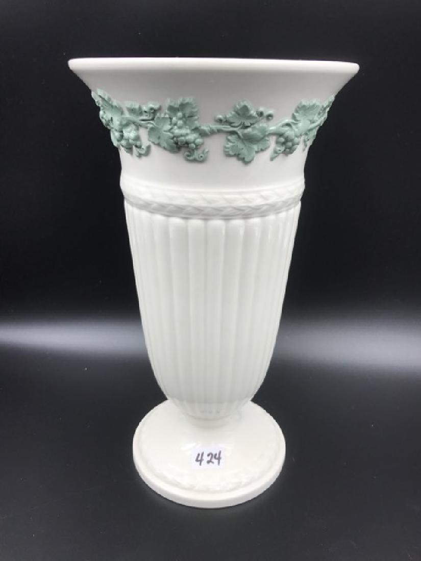 Wedgwood Vase: White Wedgwood Queens Ware vase with green vine decorations. 9" high