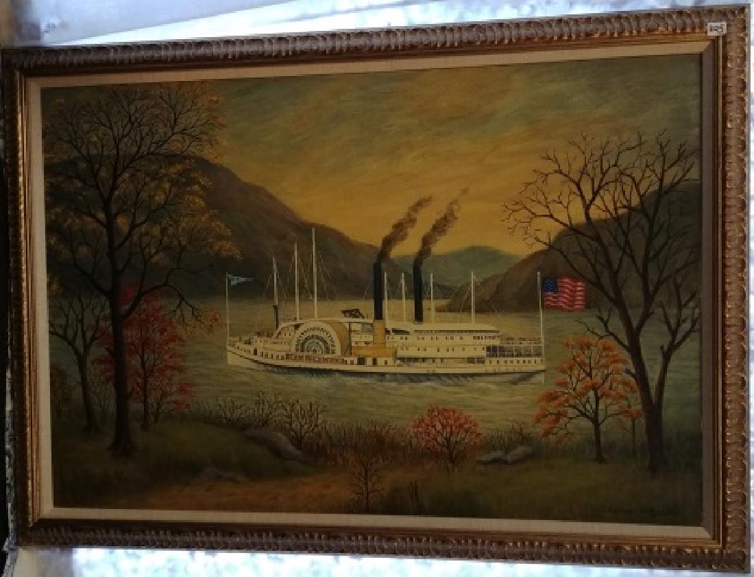Oil on Canvas Primitive Signed Thomas Attardi - Dean: Paddle wheeler Dean Richmond on the Hudson River. Signed lower right, Thomas Attardi. Attardi painted in the Hudson River Valley for many years. He was born in Italy in 1900. Attended the Art Students