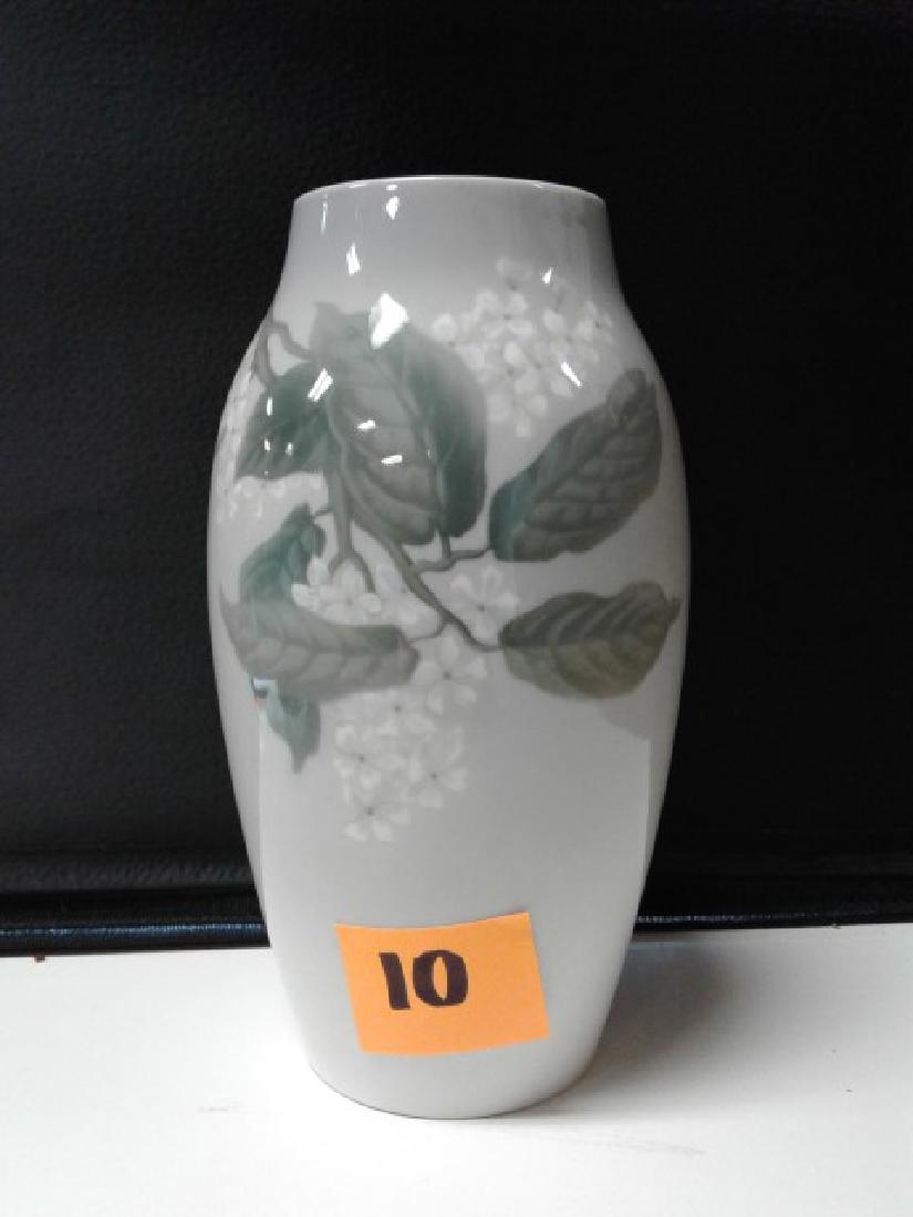 Bing & Grundahl Vase: White hydrangeas on a grey field. Marked at the base. B.&G. Made in Denmark. KK. 854/243. Canmark B&G. 9-3/4" high