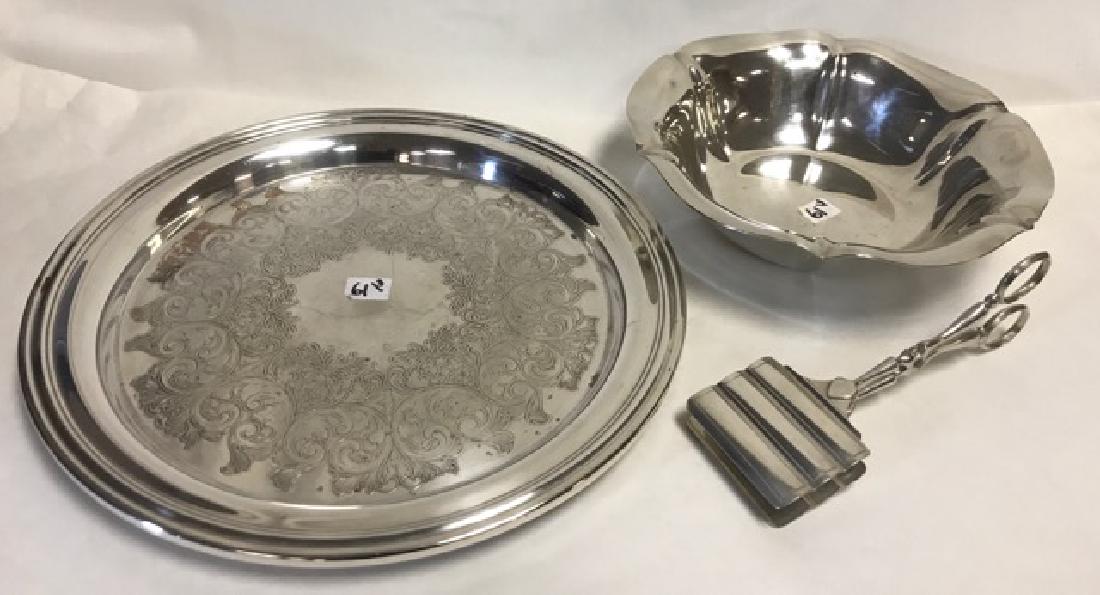 Three Pieces of Silver Plate: Reed & Barton Bowl, 1601, Salem with paper label reading World's Finest Silverplated Ware; Asparagas tongs; Circular Tray, marked Heirloom Fine Silverplate. 9" dia.; 7-1/4" long; 12" round
