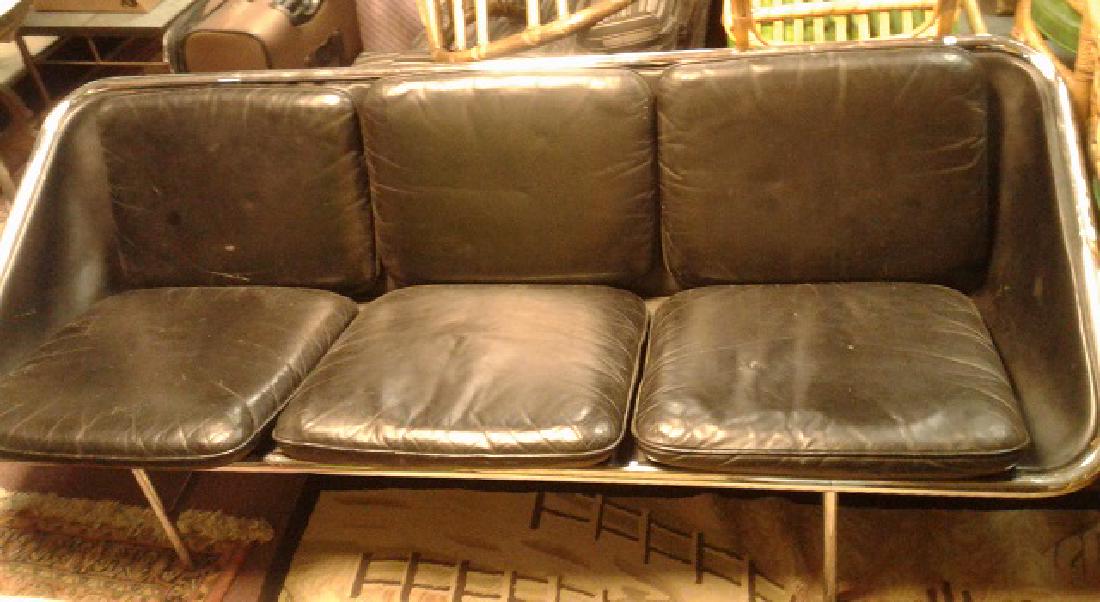 George Nelson Sling Sofa: Some cracking to the leather. Chrome has blemishes. In estate found condition. 87" l x 32" d x 29" h