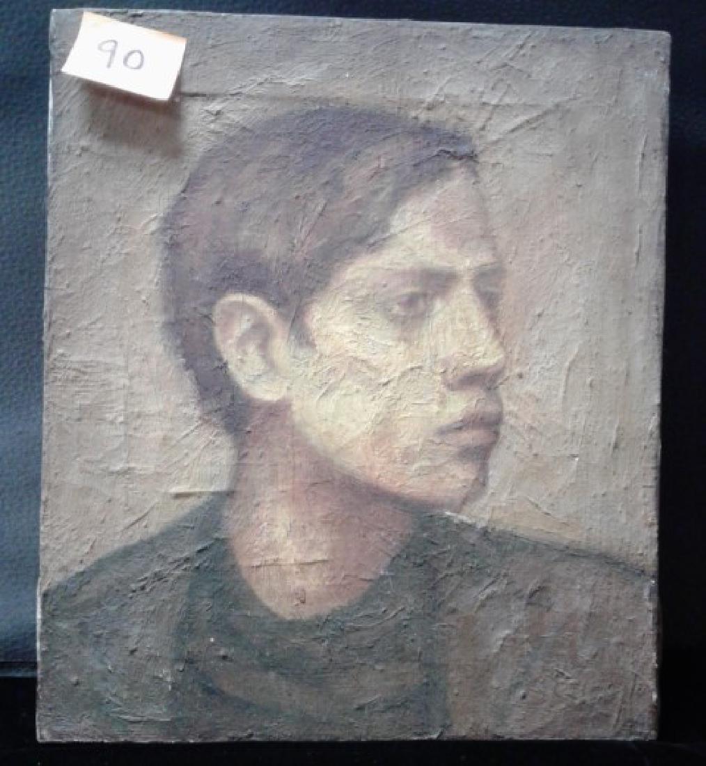 Oil on Canvas. Self Portrait: Michael Jessing self-portrait. Unframed. Unsigned. Info written on reverse canvas: Jessing, 1973, Age 19. 14" x 12"