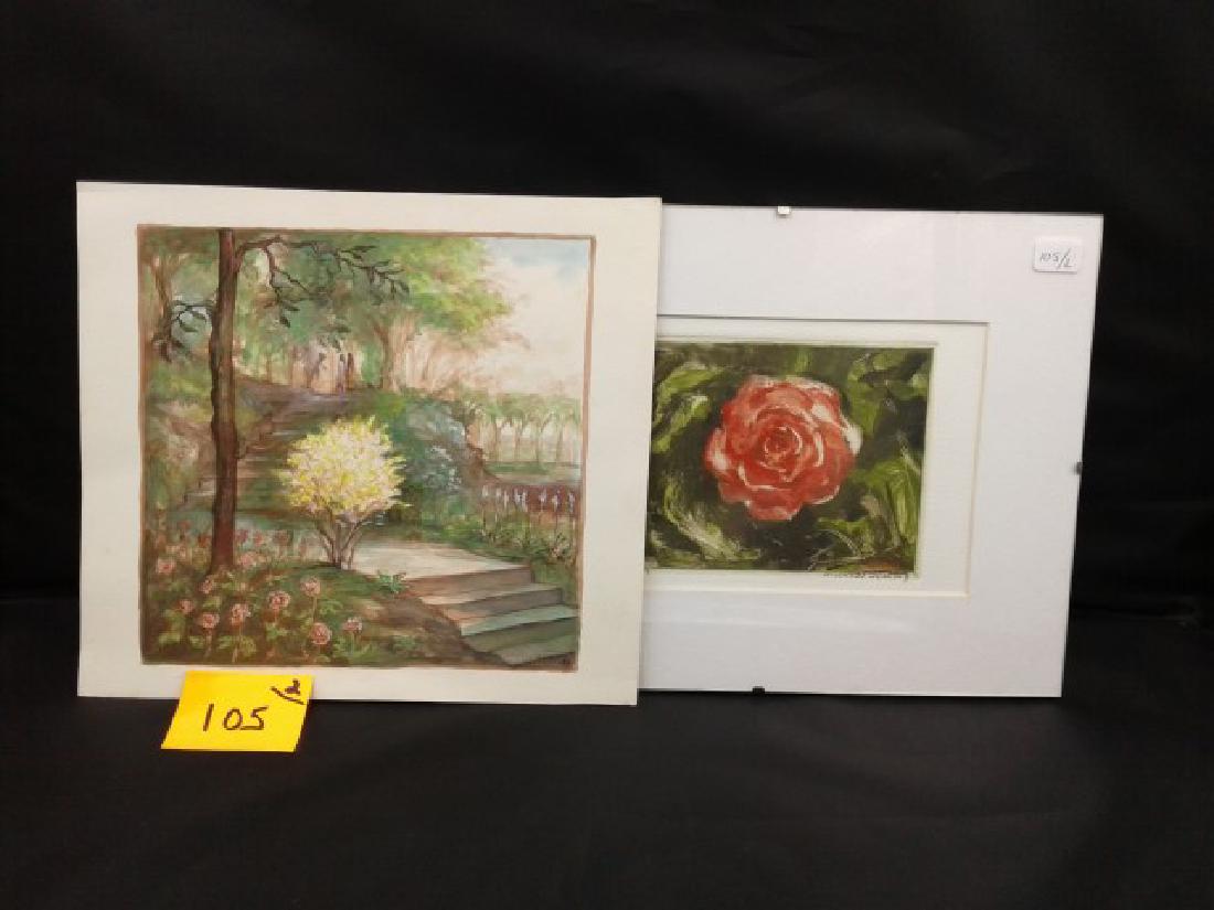 Two Michael Jessing Works of Art: One a watercolor on paper of stairs in a landscape signed Jessing '95; the second an artist proof 1/1 of a flower, pencil signed Michael Jessing. 7" x 7"; 4" x 5"