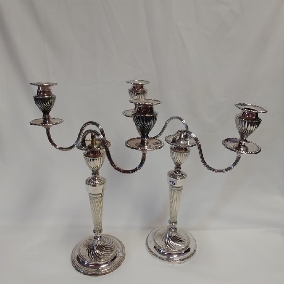 Pair of Two Branch Silver Plated Candelabra: Reeded and beaded decoration. Unmarked. 14" high x 10-1/2" wide