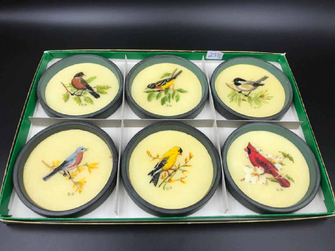 Decoupage Bird Coasters: Decoupaged on plastic. Well done. Signed "G.G." 3" diameter