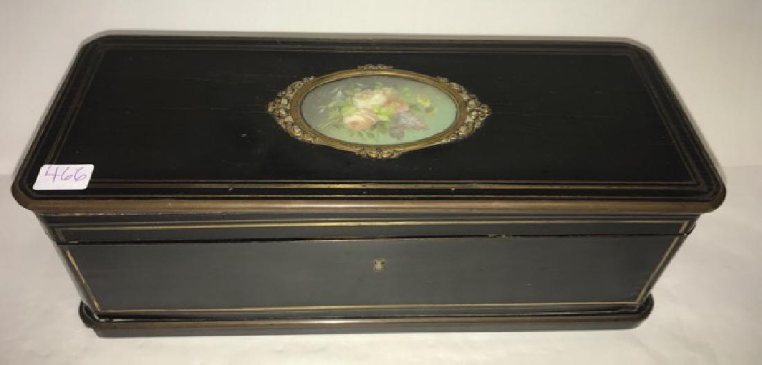 Antique French Ebony Box, Circa 1830: 19th C. ebony box with brass inlay and medallion of flowers at the center. 10-3/4" x 4-1/4" x 3-3/4" high