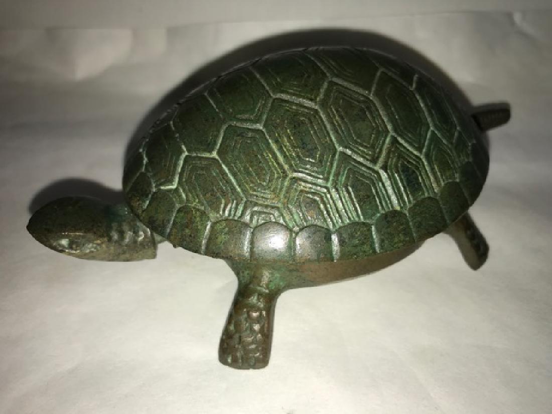 Mid-Century Cast Iron Turtle Wind-up Desk Bell: Turtle winds up and when head is depressed it RINGS! Marked Metal Craft Japan.