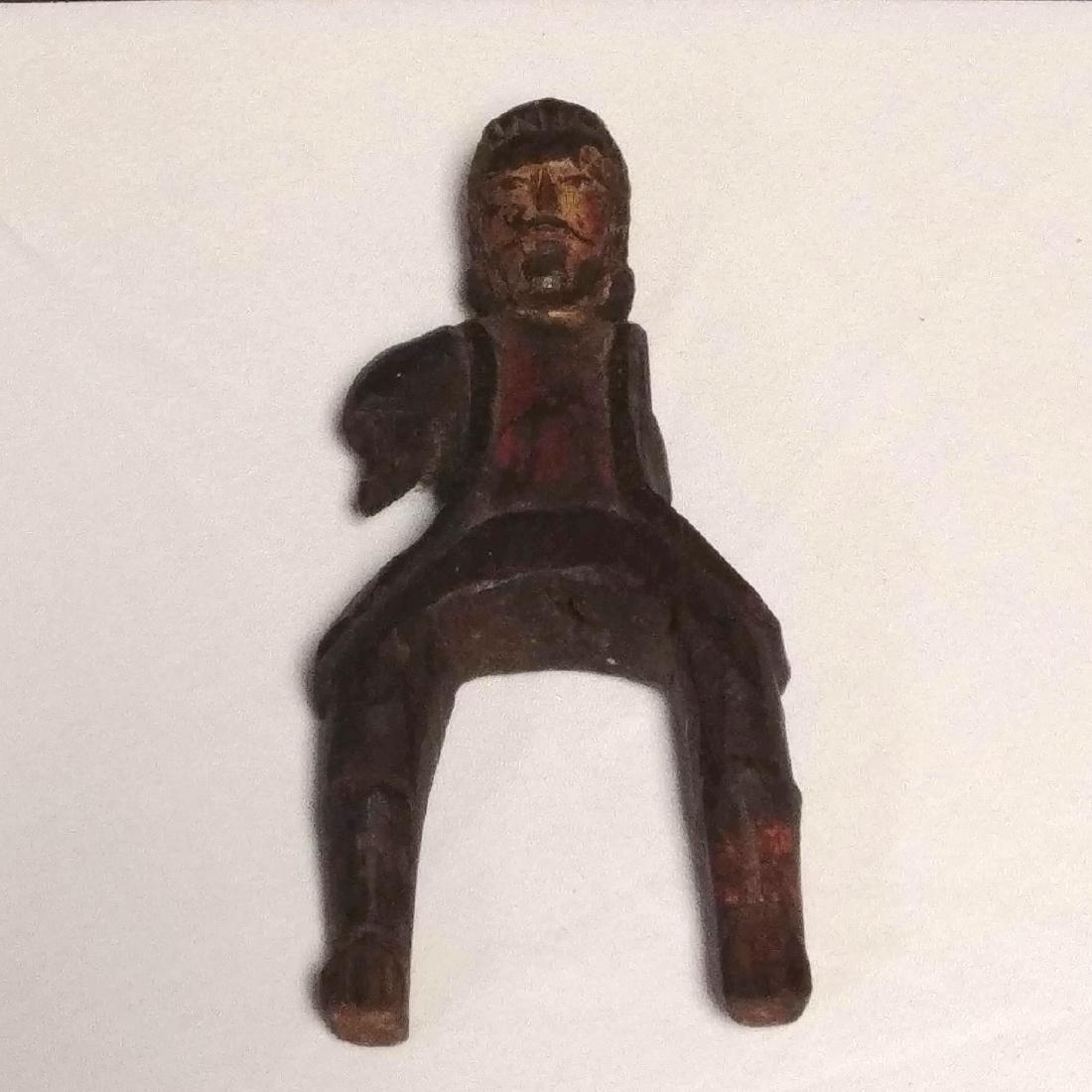 19th C. Carved Wood Spanish Conquistador: Antique wood carved figure of a Conquistador / horseback rider. Original polychrome. Arms and boots are missing. 7-3/4" H