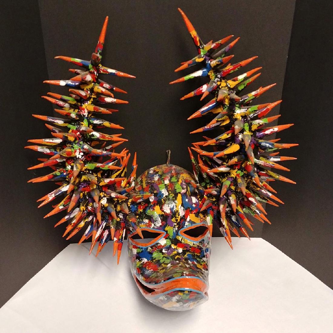 Paper Mache Carnival La Joya Mask: Magnificent colorful Dominican Republic Santiago Carnival Lechones mask. 19" H x 10" D