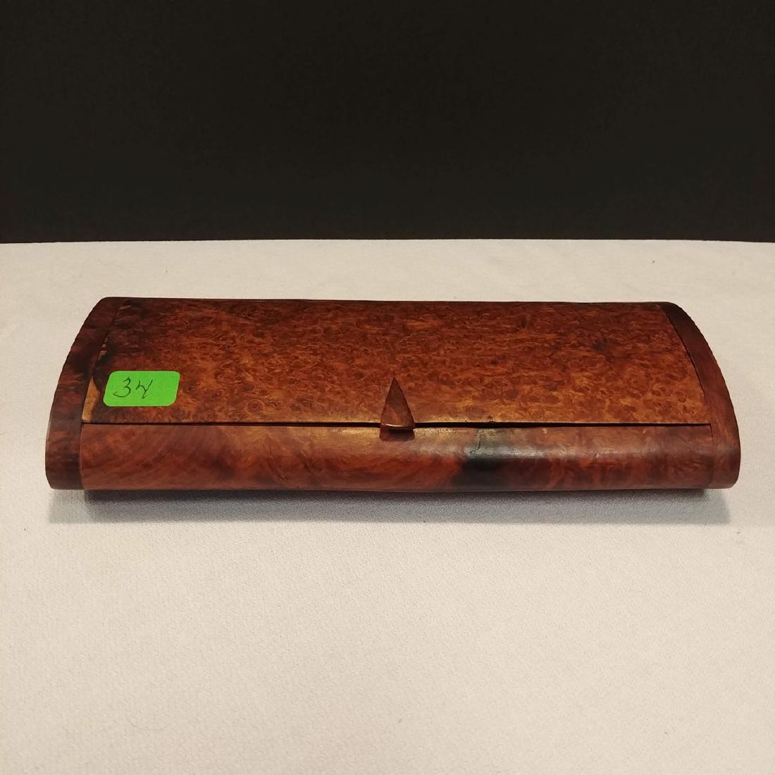 Wooden Burled Box: Possibly a fancy pen holder. Lid has been stained to resemble burl. Base is natural wood. 7-1/4" L