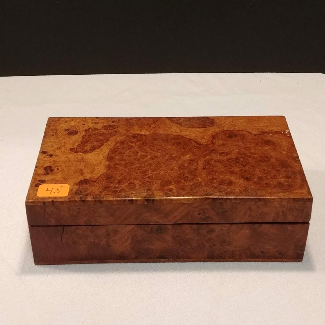 Burled Wood Box: Wooden "piano" hinge. 7" L x 4" D x 2-1/4" H