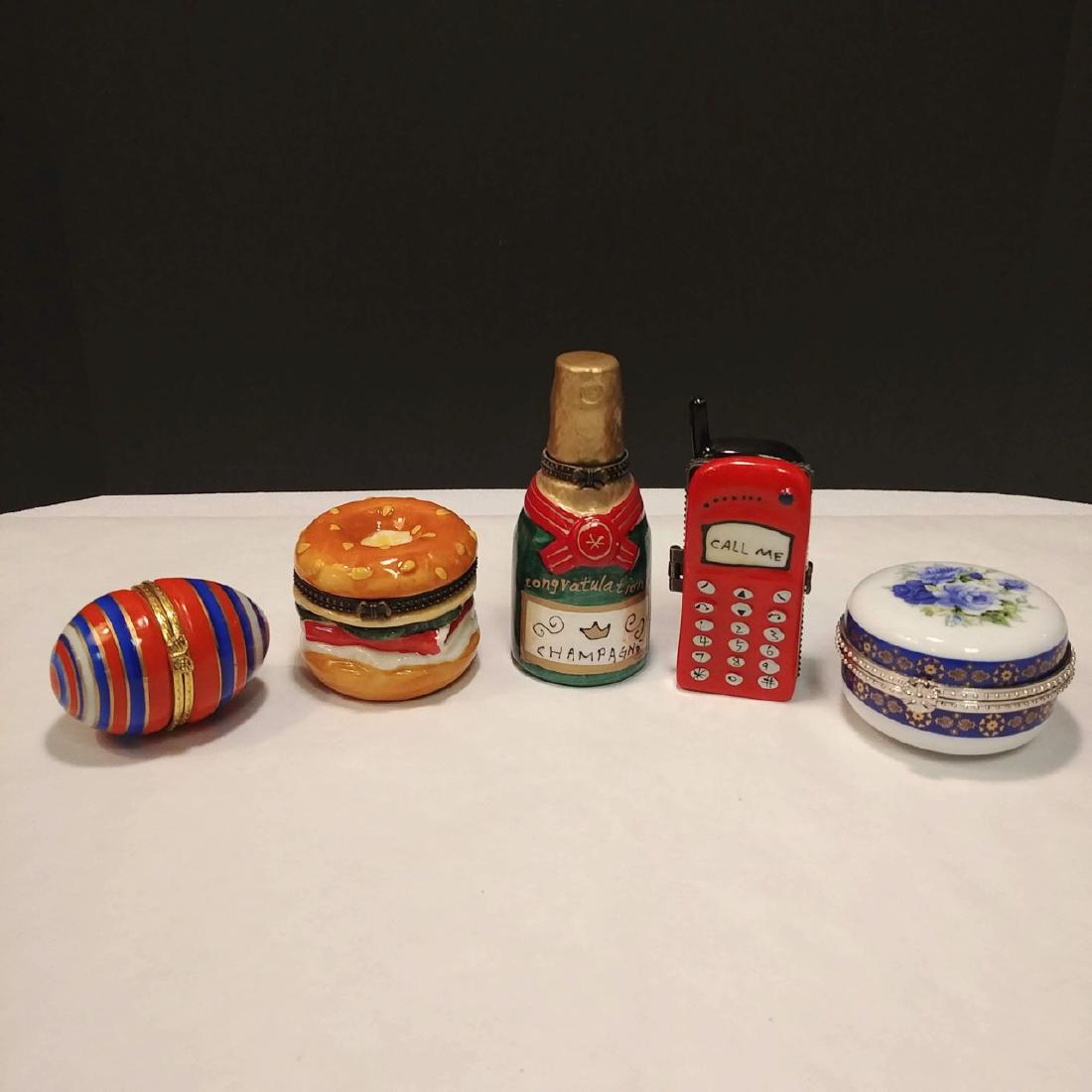 Five Porcelain Trinket Boxes - Cell Phone, Champagne: Cell phone, champagne, bagel sandwich, floral box, and an egg. 3-3/4" H the champagne bottle
