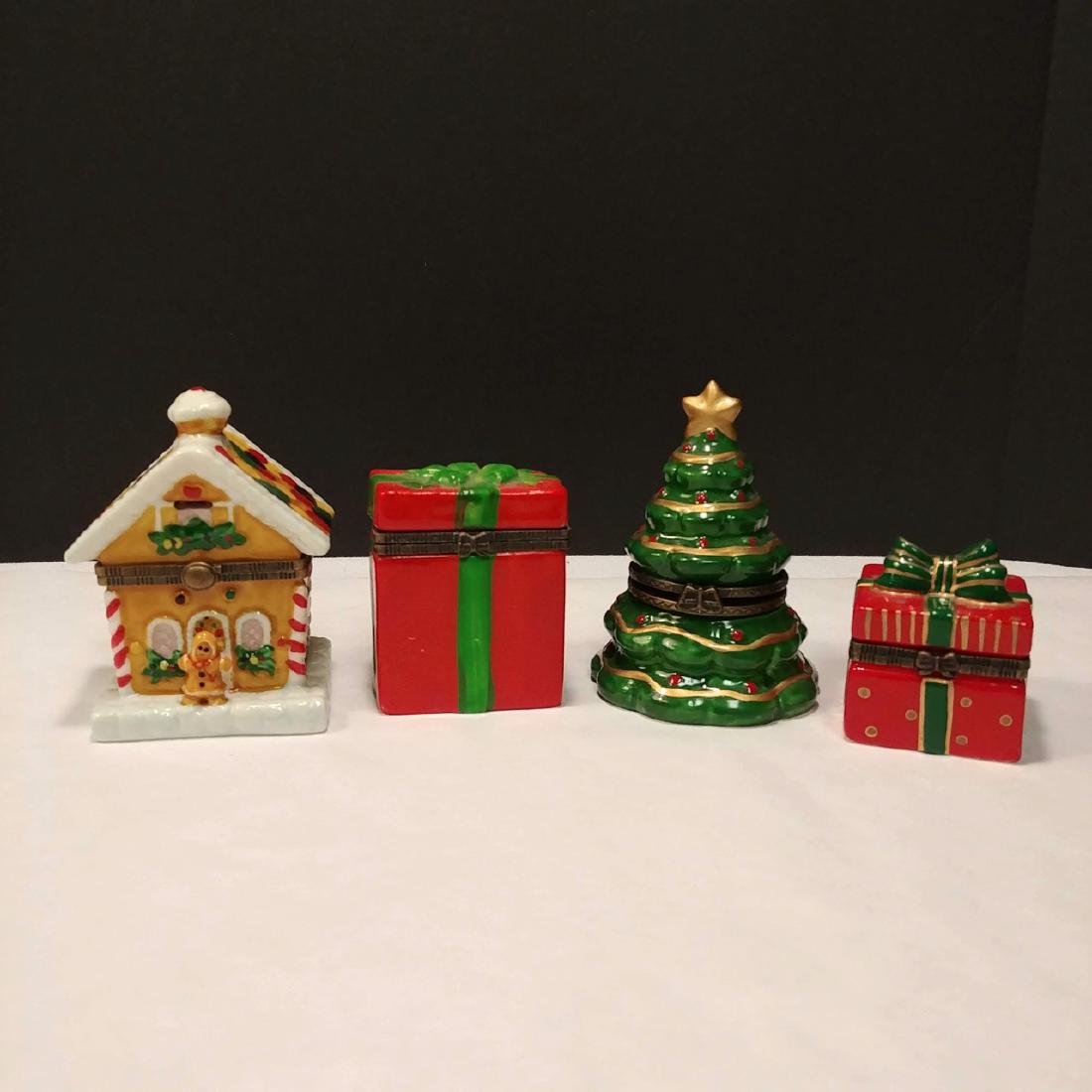 Christmas Themed Trinket Boxes: Including a Christmas tree, 2 wrapped gifts, and a gingerbread house. 3-1/4" H the tree.