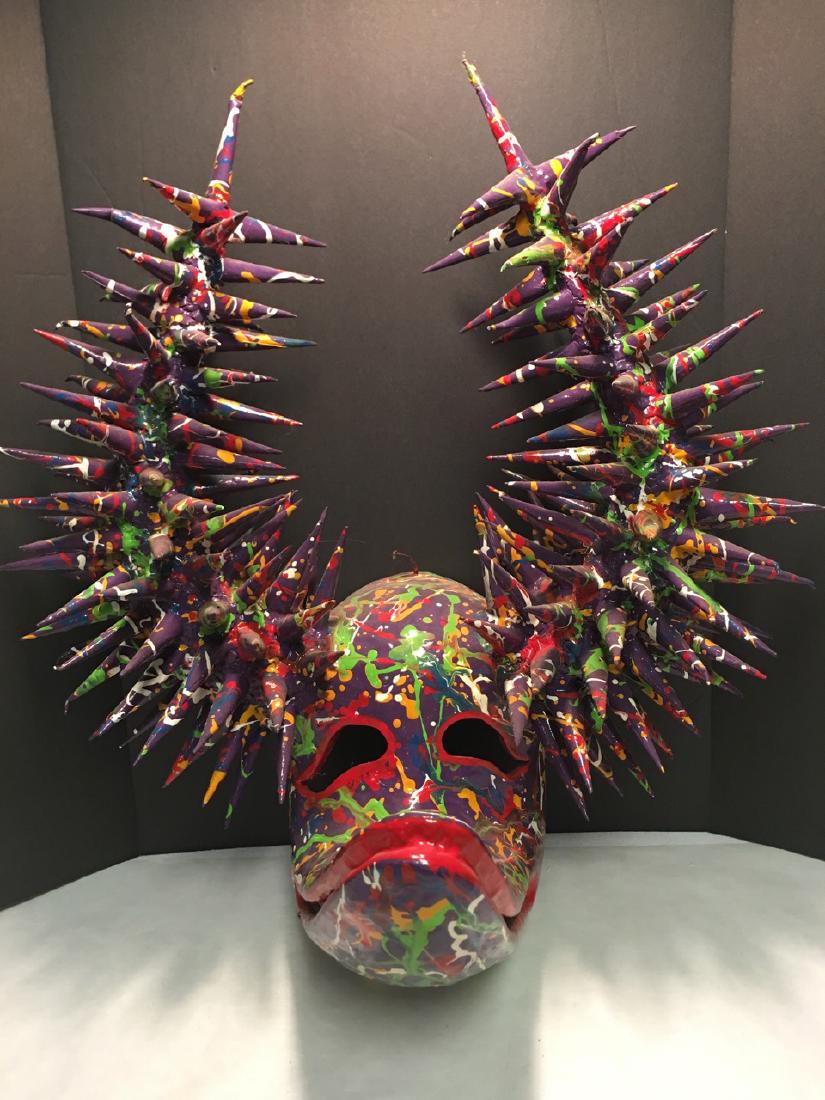 Paper Mache Carnival La Joya Mask: Magnificent colorful Dominican Republic Santiago Carnival Lechones mask. Purple with red, yellow, green and gold paint. 19" H x 10" D