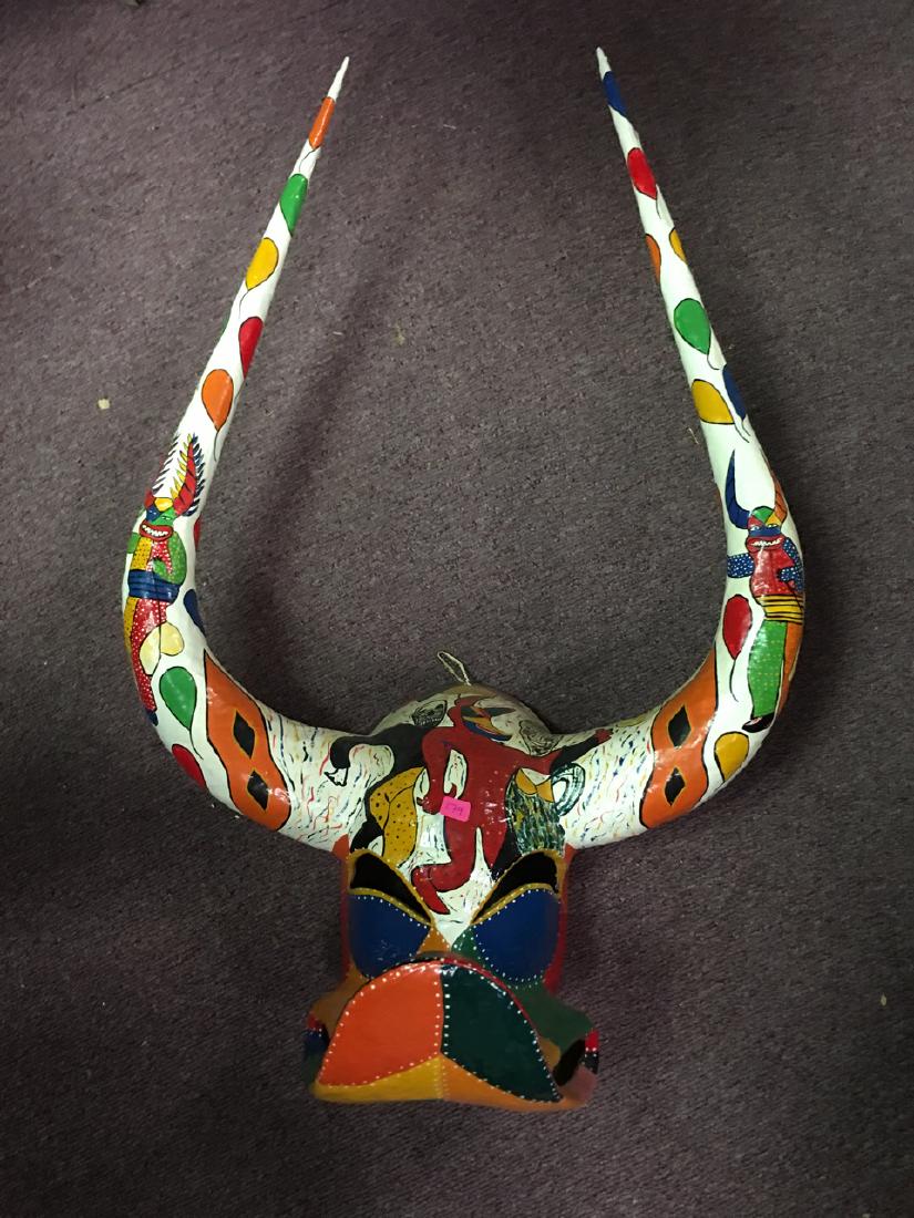 Paper Mache Carnival Duck Bill Mask - Lechones: Colorful Dominican Republic Santiago Carnival Lechones mask. Decorated with devils and other carnival goers. 25" H