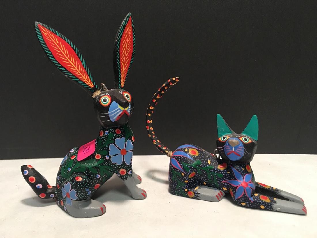 Mexican Folk Art Cat & Rabbit, Signed: Carved and Painted Mexican Cat and Rabbit Figure. Signed Jose Olivera Perez. San Martin Tilcujete, Ocotian, Oaxaca. 5" long