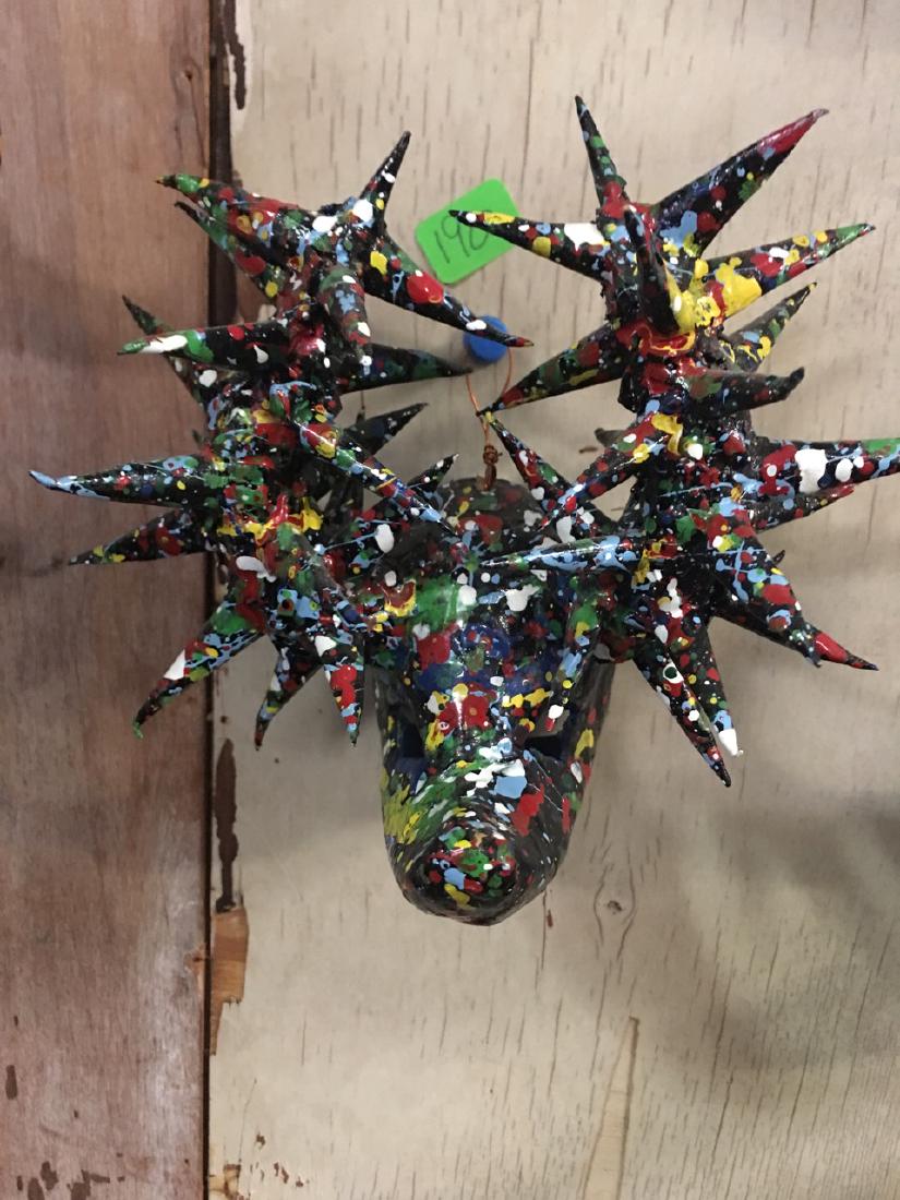 Paper Mache Carnival La Joya Mask Miniature: Colorful Dominican Republic Santiago miniature Carnival Lechones mask. Black with red, yellow, green and white paint. 5" H