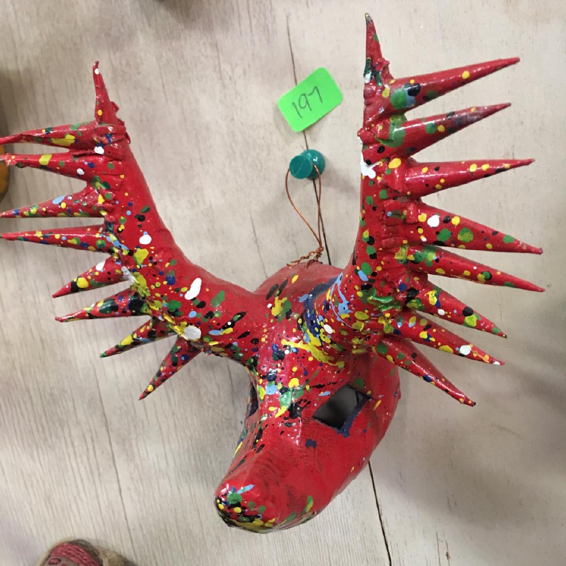 Paper Mache Carnival La Joya Mask Miniature: Colorful Red Dominican Republic Santiago miniature Carnival Lechones mask. Spikes on his horns only go one direction. 4-1/2" H