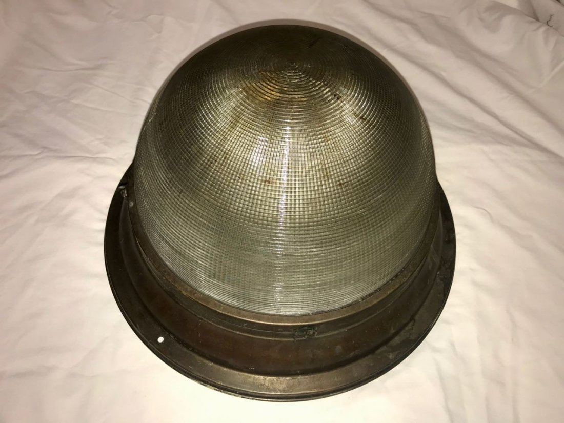 Vintage Industrial Holophane Light Fixture: Ceiling mount fixture with Holophane Prismatic glass. Hinged fixture with two latches to open and close for bulb changing. 15-1/5" Diameter x 10" H