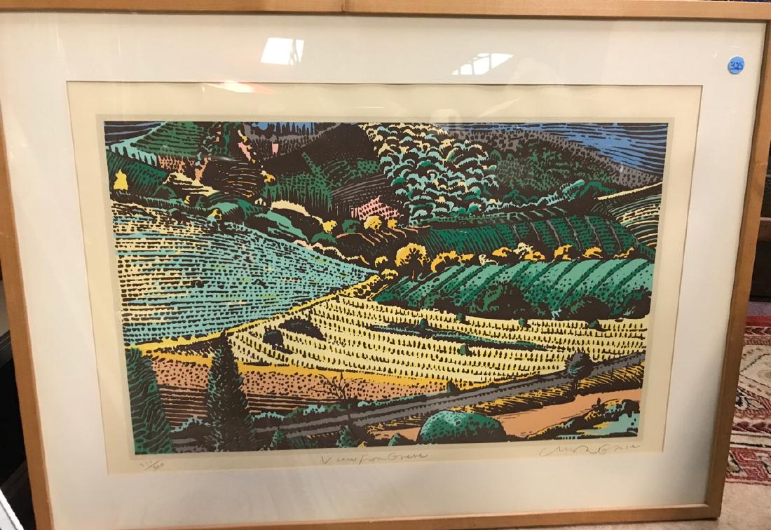 Milton Glaser Ltd Ed Print - View From Greve: This is one of a set of 3 silkscreens based on brush drawings done in Tuscany. Signed and numbered edition 223 of 300. Pencil signed 223/300, View From Greve, Milton Glaser. 17" x 25-1/2" sight size.