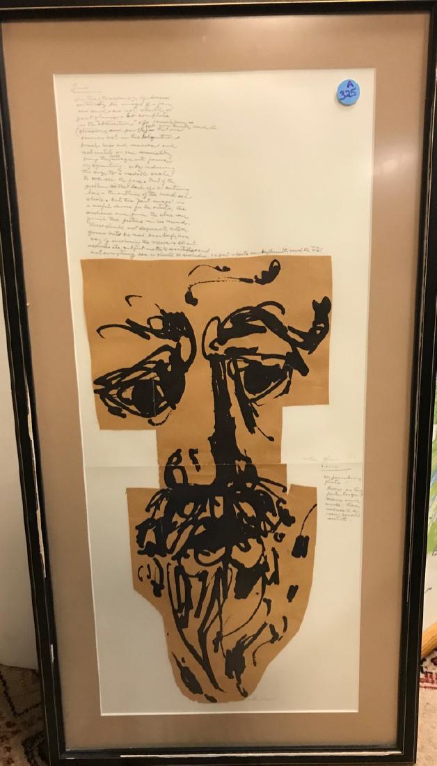 Milton Glaser Original Art: Ink on craft paper, could be a self portrait. Glaser writes about this piece within the art in pencil and speaks to line, design, proportion. Signed Milton Glaser. 24" x 10-1/2" sight size. 29" H x 15