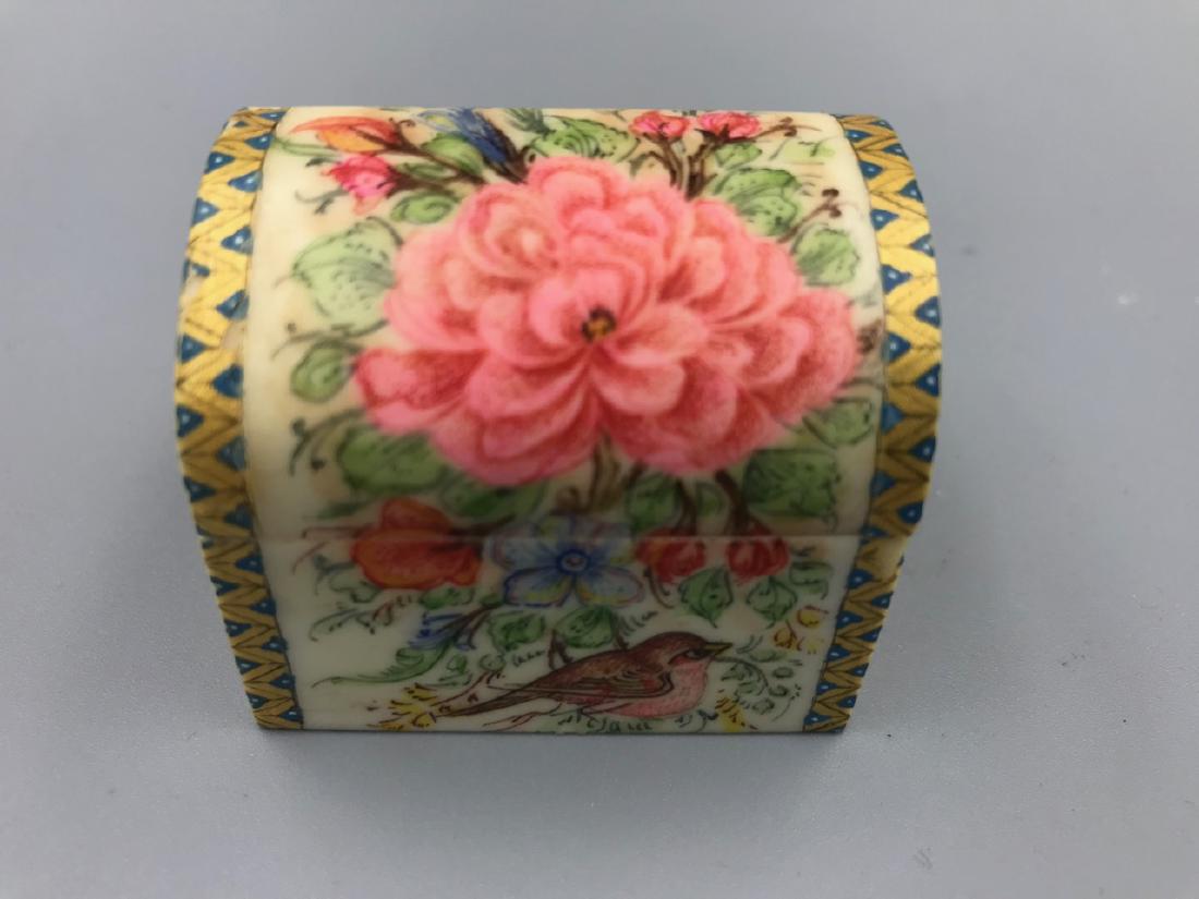Middle Eastern Camel Bone Trinket Box: Beautifully hand painted and decorated with pink flowers and birds. Pin hinged dome shaped lid. Removable lid on the inside. 1-3/4" L x 1-1/2" W x 1-1/2" H