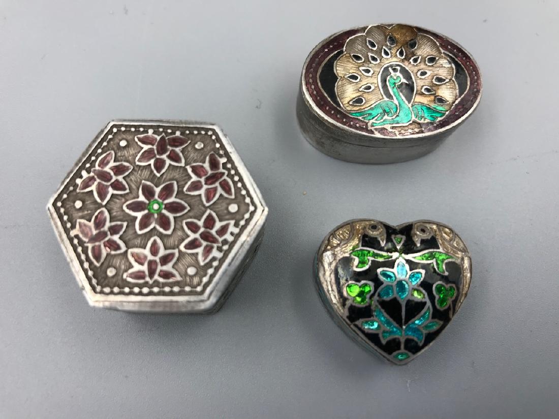 Sterling & Enamel Miniature Pill Boxes (3): Decorated with birds and floral designs. 1-1/2" W; 1" W; 1" W