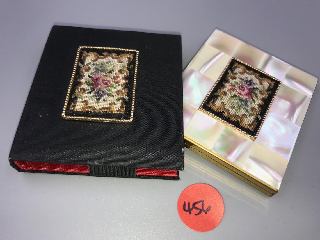 Mother of Pearl Compact, Schildkraut: Case is genuine handmade petipoint. Original paper labels on the interior mirror. 3" W