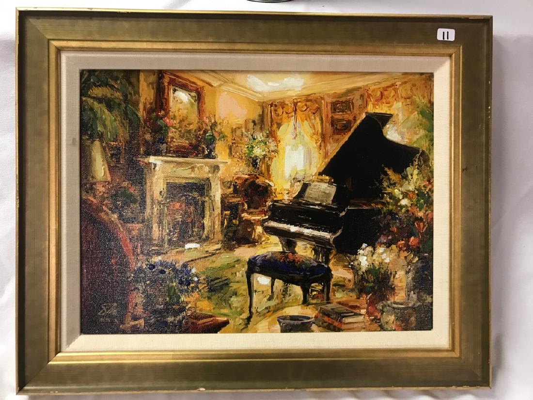 Hand Painted and Printed Canvas, Signed: Victorian parlor scene with grand piano. Very colorful. Signed and numbered lower left. 78/175. Signature difficult to read. 16" H x 20" W Framed