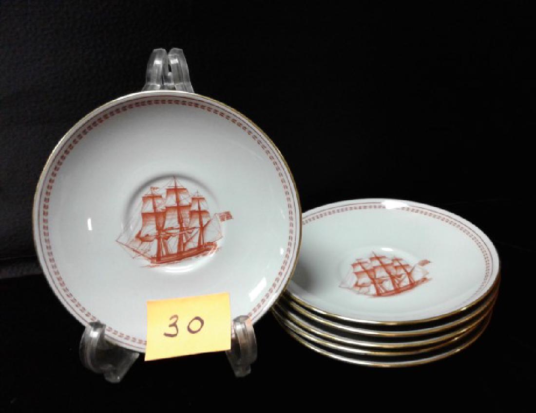 Spode Copeland Trade Winds Saucers: Decorated with three masted sailing vessel. Ship Erin of Salem. Built in 1810. Copeland, Spode, England. Fine Stone, Trade Winds. 6" dia