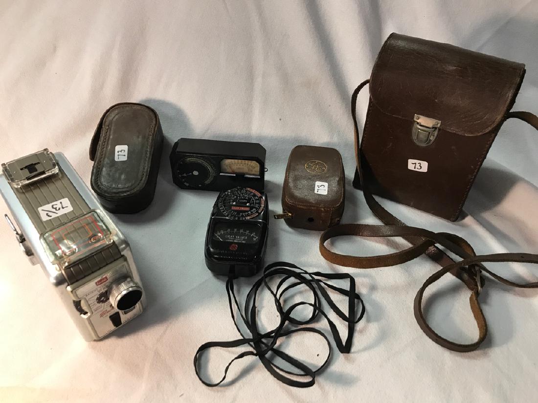 Kodak Brownie 8mm Movie Camera and Meters: Brownie movie camera in leather Bell & Howell carrying case; GE Light Values meter; a Weston Phototronic Light Meter.