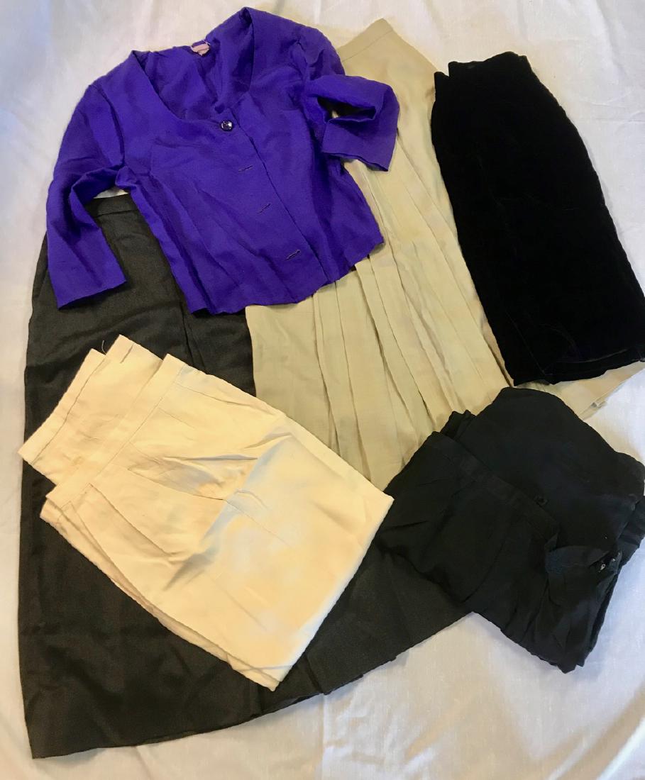Lot of Vintage Anne Klein Clothing (6): Circa 1980-90's. Linen slacks; silk slacks; velvet skirt; purple suit jacket; pleated linen skirt; grey wool skirt. Mostly Size 12. All in need of Dry Cleaning.