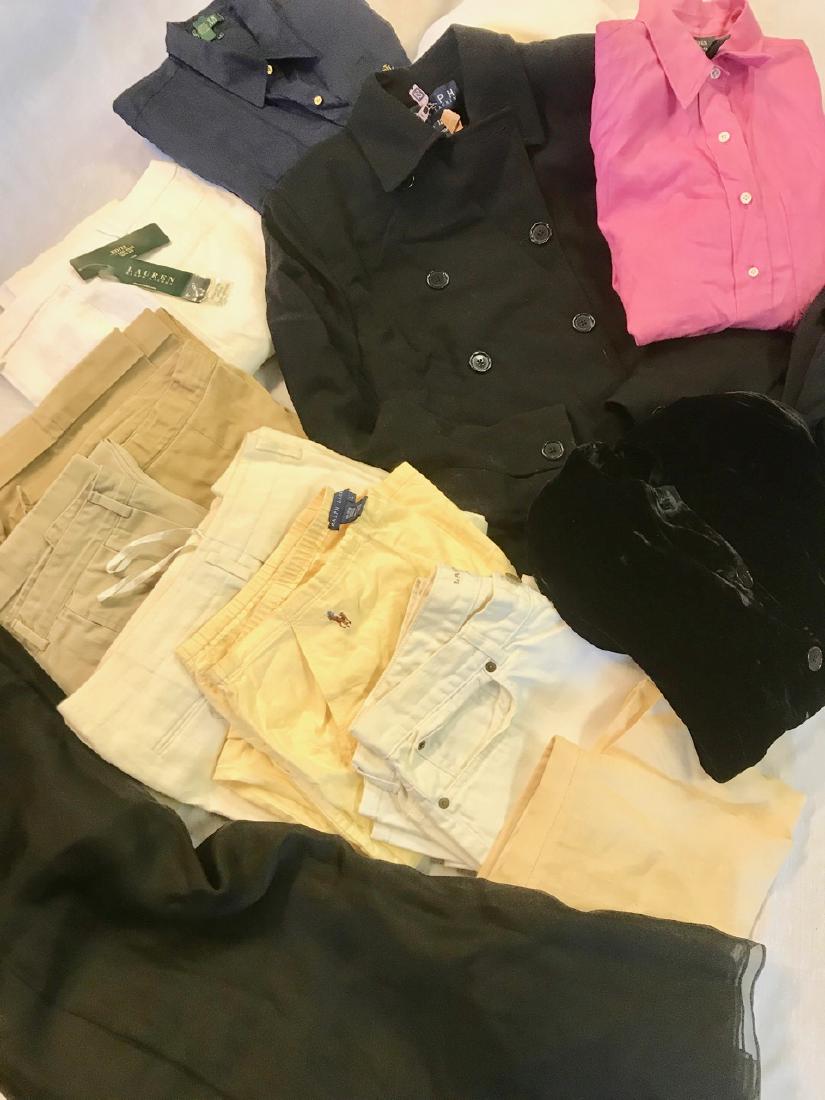 Large Lot of Vintage Ralph Lauren Clothing (15): Black silk skirt; white jeans (2); floor length black silk skirt; yellow linen skirt; navy blue linen shirt; white linen slacks; white linen slacks with original tags; white terry cloth bath robe; pin