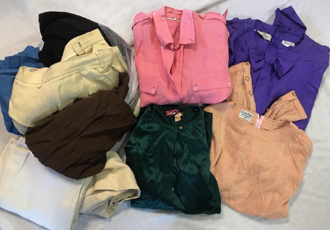 Lot of Vintage Designer Clothing (11): Purple Valentino blouse; Due per Due silk skirt; Saint Laurent pink linen shirt; Max Mara linen slacks; Alberta Ferretti brown rayon blouse; Ferragamo black cardigan sweater, very as-is; Ellen Tracy L
