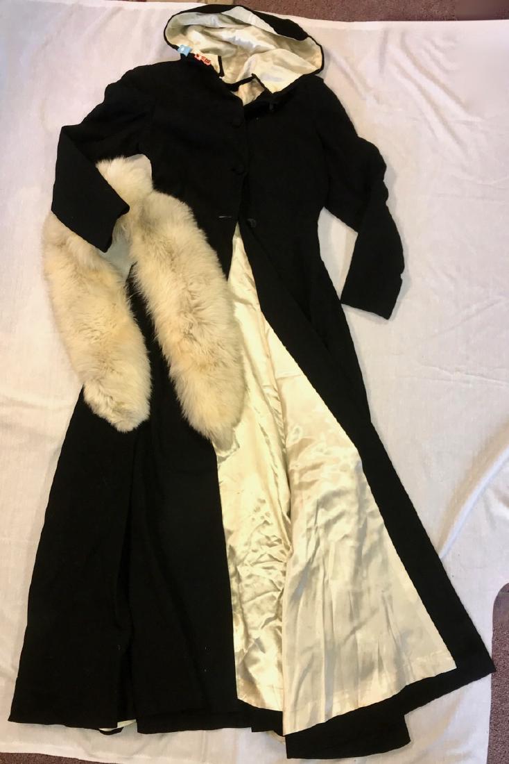 Vintage Black Opera Coat and Fur: Black opera coat with detached hood. Together with a white fur stole (maybe a fox.)