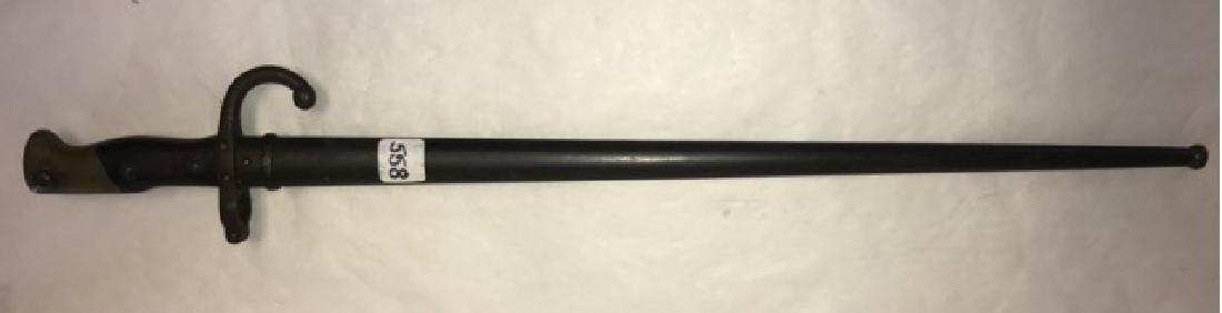French Model 1879 Gras Bayonet: Overall very good condition. Engraved in script on the Mre d'Armes de St. Etienne Aout 1879. 25-7/8" with scabbard