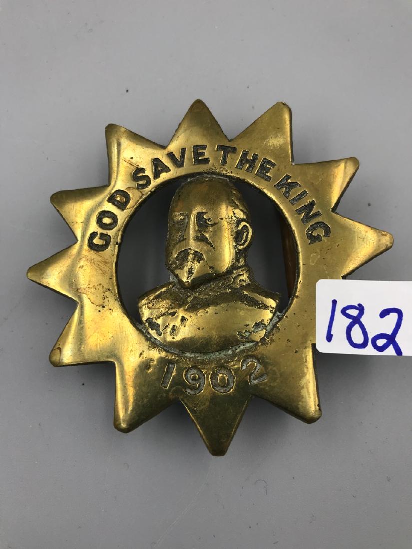 God Save The King, 1902 Brass Belt Buckle: Marked HE Co., and illegibly numbered. 3" L
