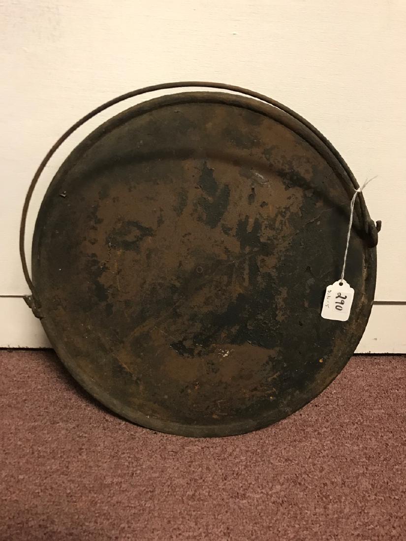 Round Cast Iron Griddle: As-Is with crack across center. Marked 5 1/2. Estate found condition in need of restoration. 14" diameter