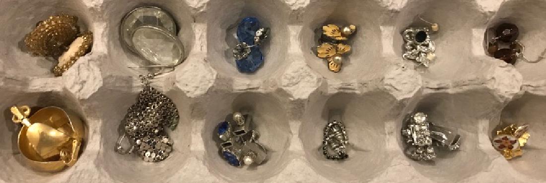 Dealer Lot of Costume Earrings (12): Mixed lot of clip, screw back, and pierced earrings including screwback beaded with fabric backing, Trifari, etc.
