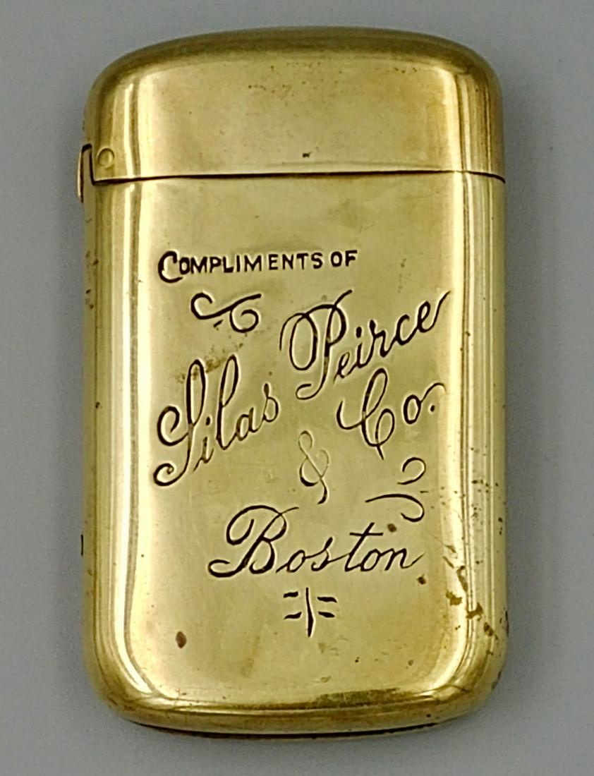 Brass Boston Cigar Advertising Match Safe: Reads, Compliments of Silas Peirce & Co., Boston. Reverse side inscribed, Smoke Peirce's NINE Cigars. Flip top lid and striker at the base.