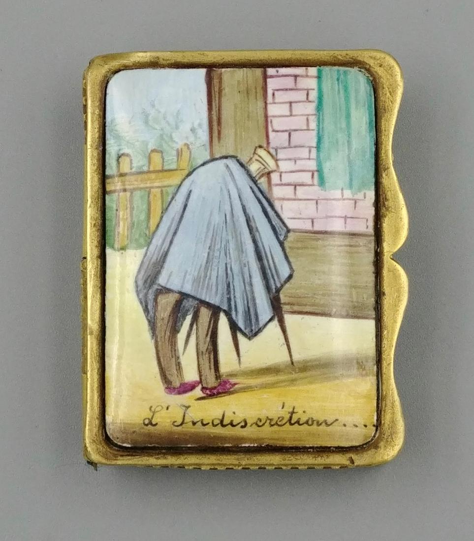 Brass L' Indiscretion Porcelain Match Safe: Front of this vesta is a hand painted porcelain tile of a photographer under a cloth. When opened the interior tile is a nude woman in black stockings in front of a chevel mirror (Les Rayons X !!!!) E