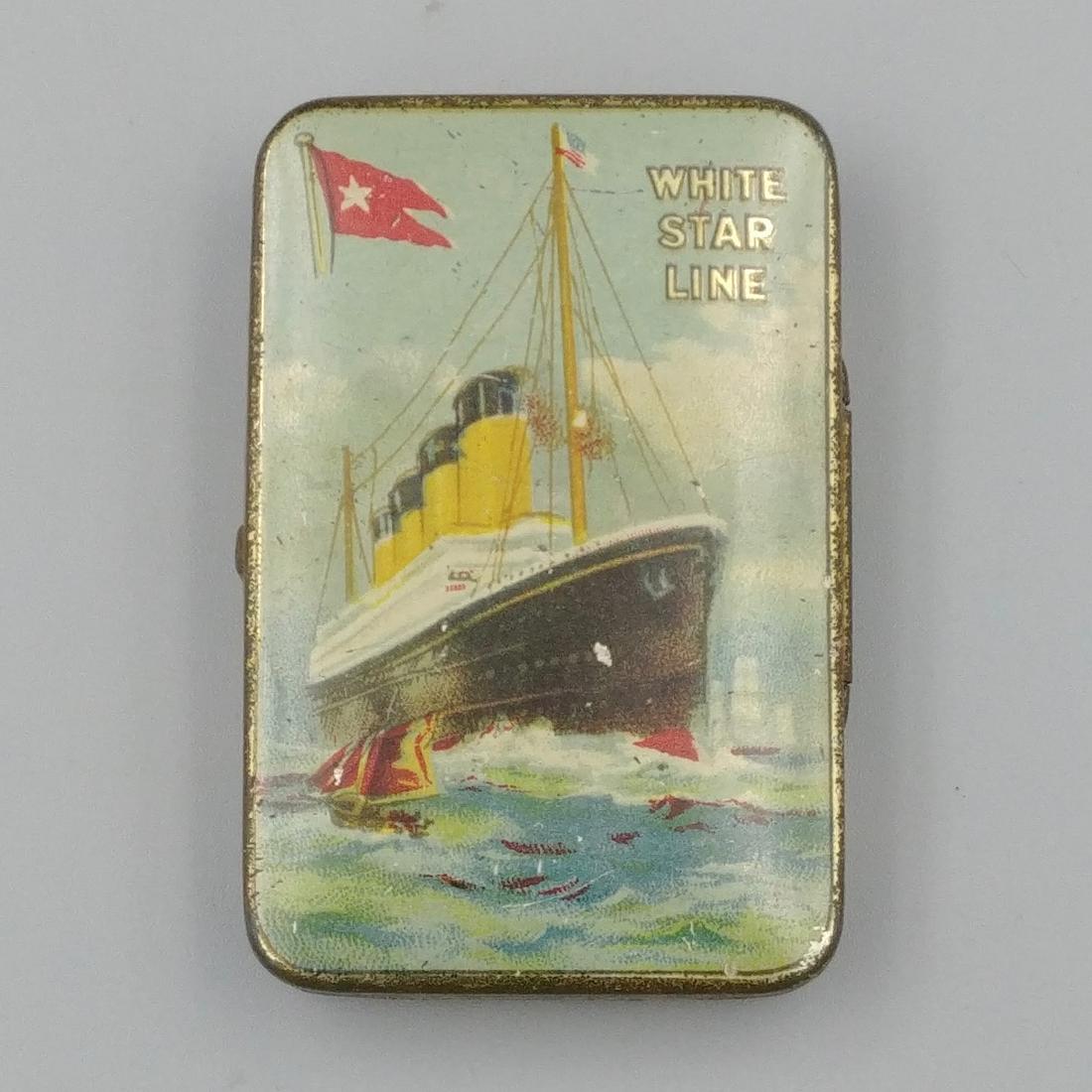 Rare White Star Line Cadbury Advertising Tin: Nice graphic of a White Star Line ocean liner. Reverse is impressed Cadbury, Bournville. Striker at the base.