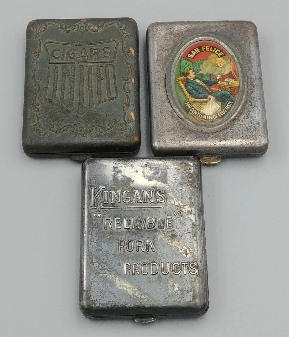 Three 1912 Patented Matchbook Holders (3): Three matchbook holders of the same patent on July 28, 12. The first with an oval for inserting a photo or advertisement. San Felice, For Gentlemen of Good Taste.; the second for Kingan's, "Reliable" 